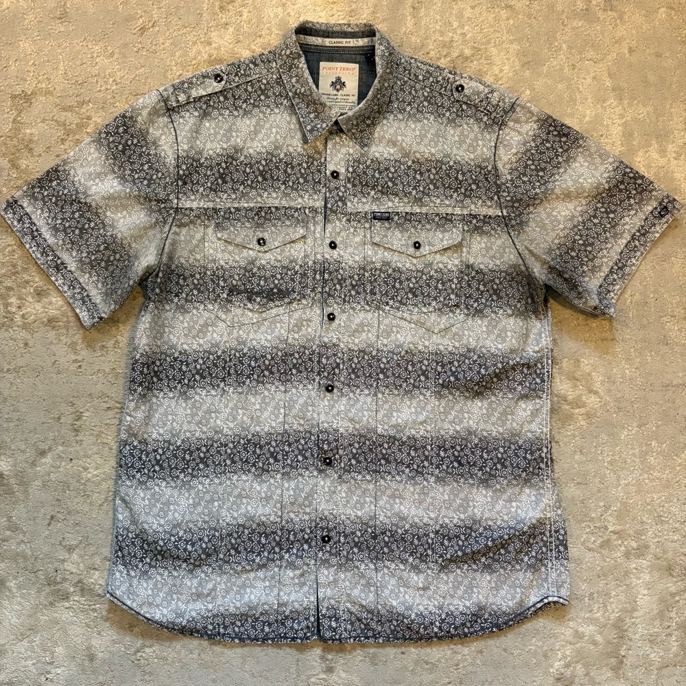 Point Zero Men's Black & Grey Ombré Floral Patterned Button Shirt Size Xlarge - Picture 2 of 12